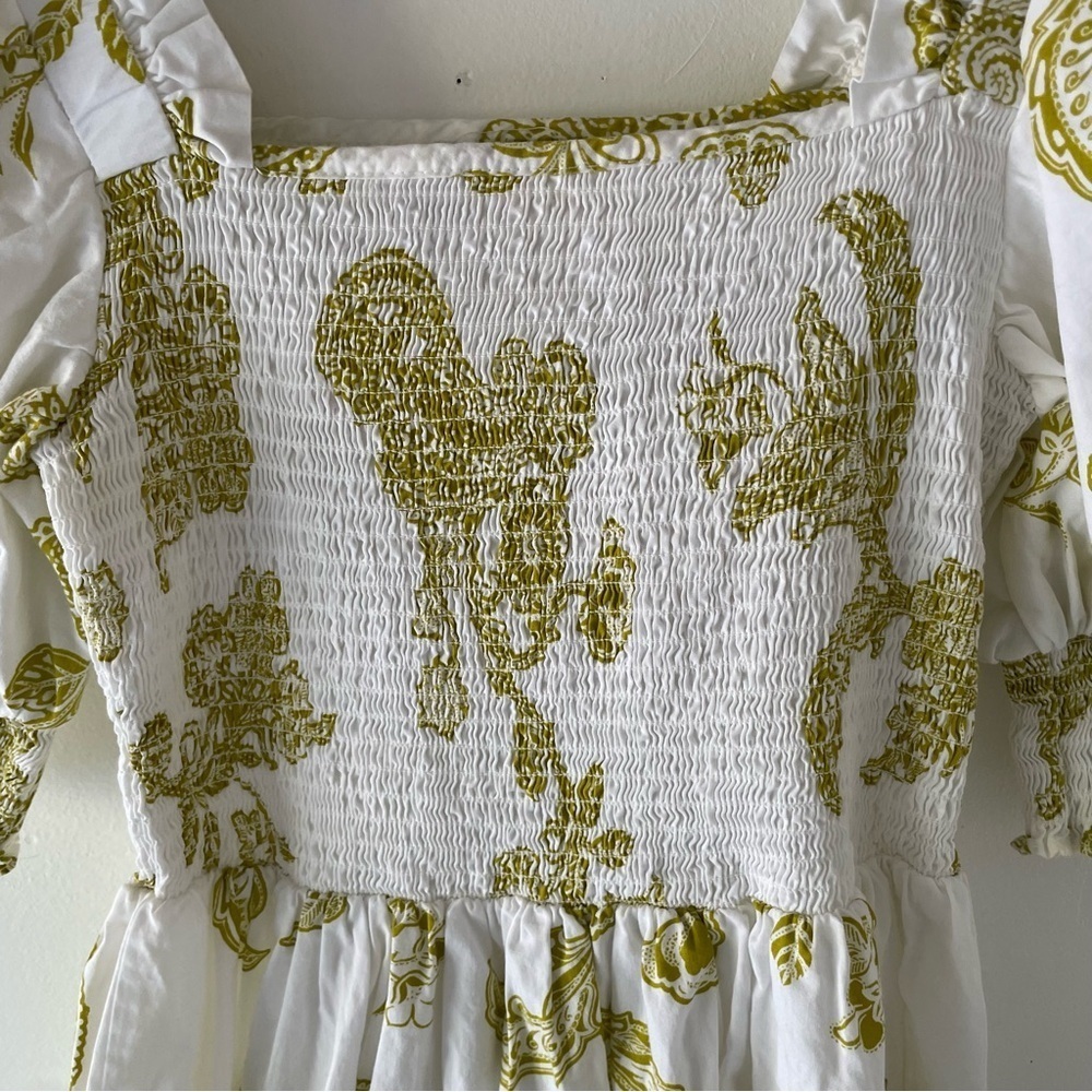 1. State White Green Paisley Print Puff Sleeve Smocked Mini Dress 37722 - Picture 4 of 9